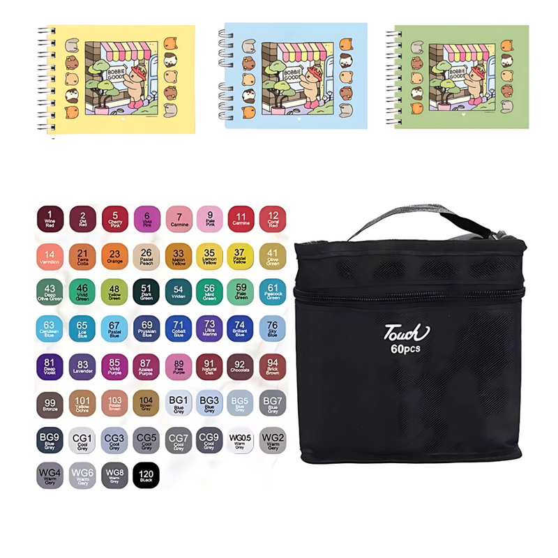 3 Livro Bobbie Goods 100 Folhas + Caneta Marcadores com Ponta Dupla 60 Cores