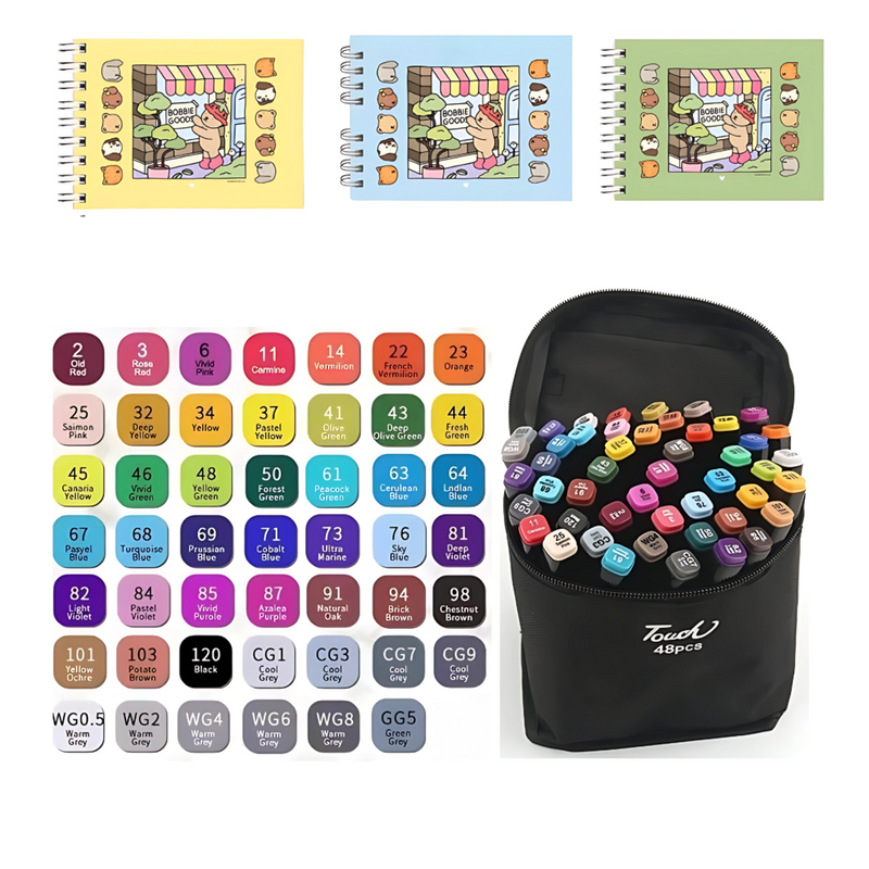 3 Livro Bobbie Goods 100 Folhas + Caneta Marcadores com Ponta Dupla 48 Cores