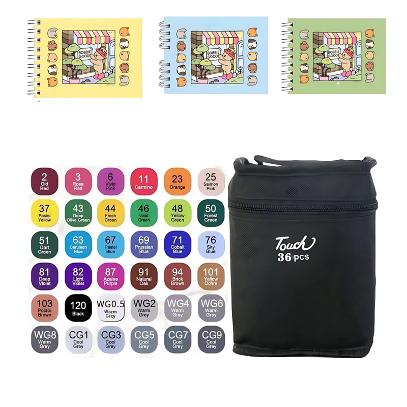 3 Livro Bobbie Goods 100 Folhas + Caneta Marcadores com Ponta Dupla 36 Cores